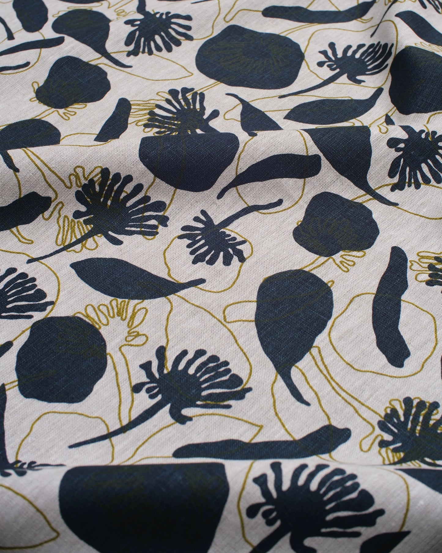 Linen Fabric - Seedpods in Indigo and Olive Oil