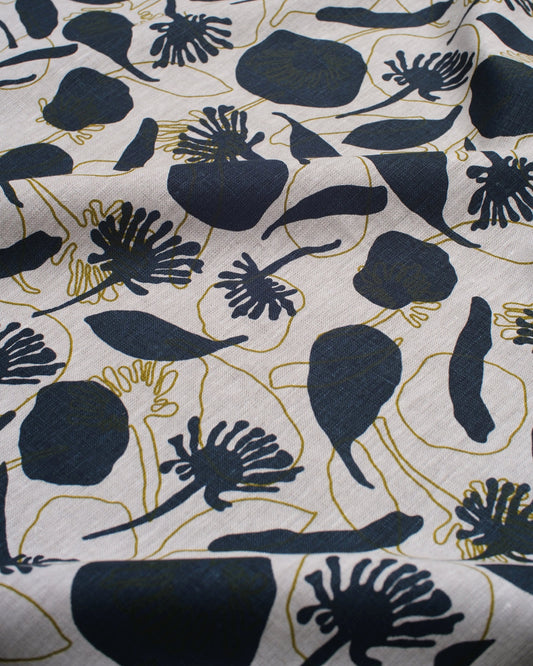 Linen Fabric - Seedpods in Indigo and Olive Oil