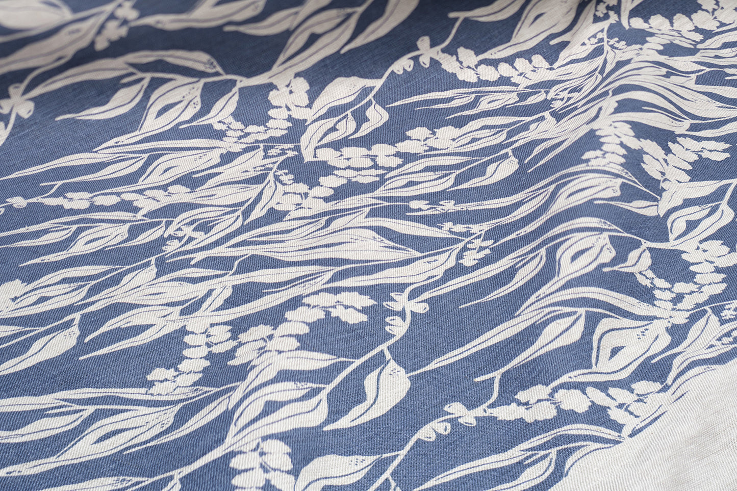 Linen Fabric - Nuts about Wattle in Cornflower on oatmeal linen