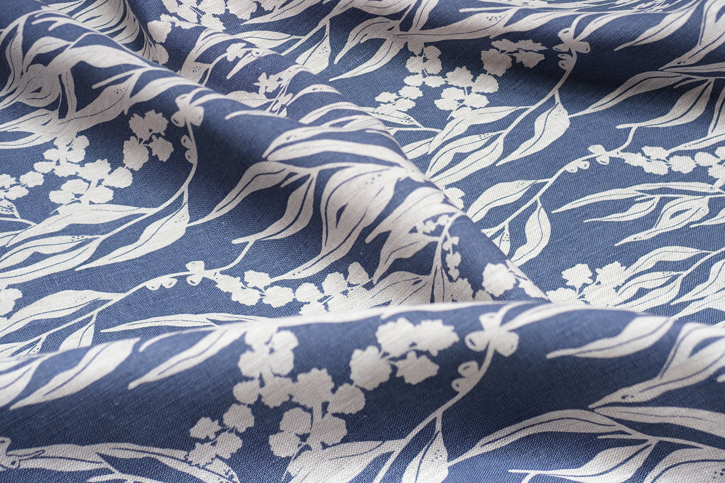 Linen Fabric - Nuts about Wattle in Cornflower on oatmeal linen