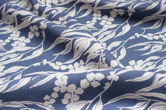 Linen Fabric - Nuts about Wattle in Cornflower on oatmeal linen