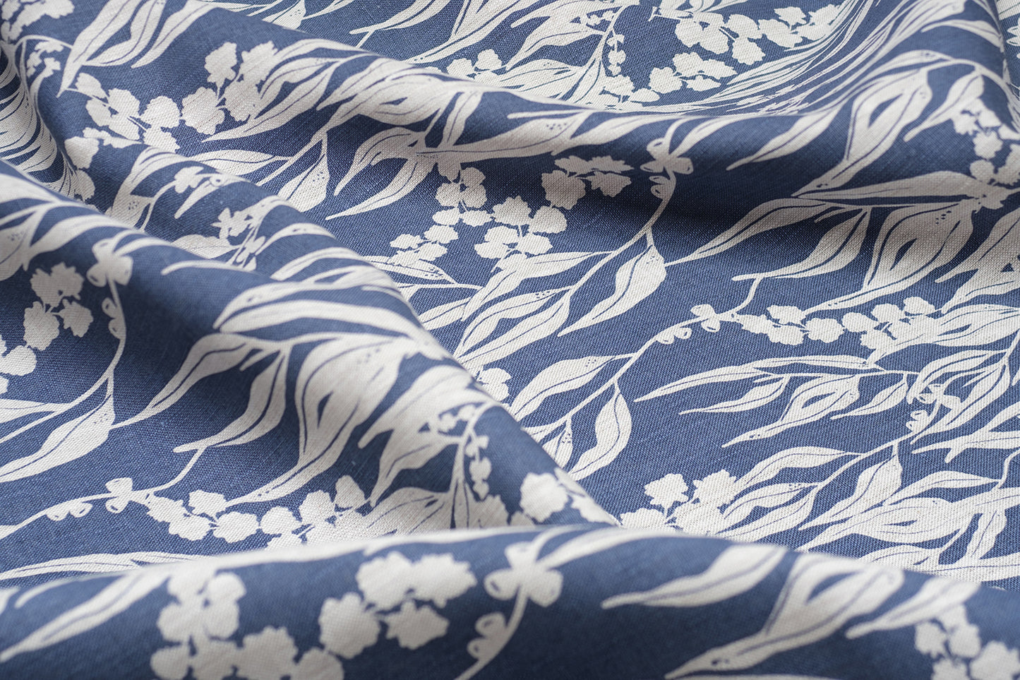 Linen Fabric - Nuts about Wattle in Cornflower on oatmeal linen