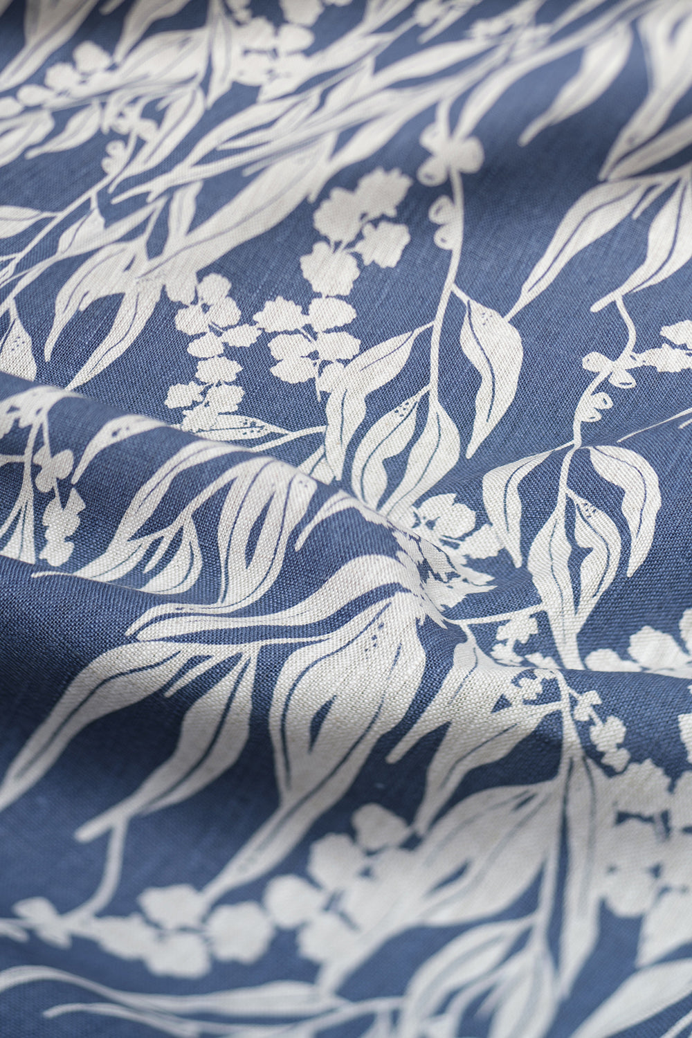 Linen Fabric - Nuts about Wattle in Cornflower on oatmeal linen