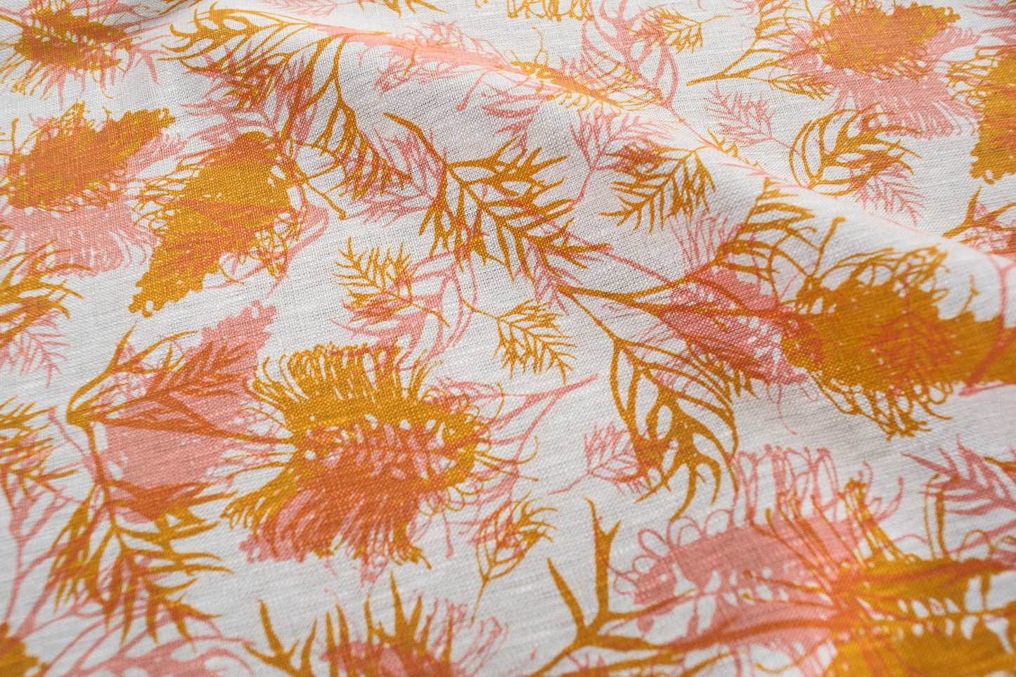 Linen Fabric - Grevilleas in Melon and Tumeric