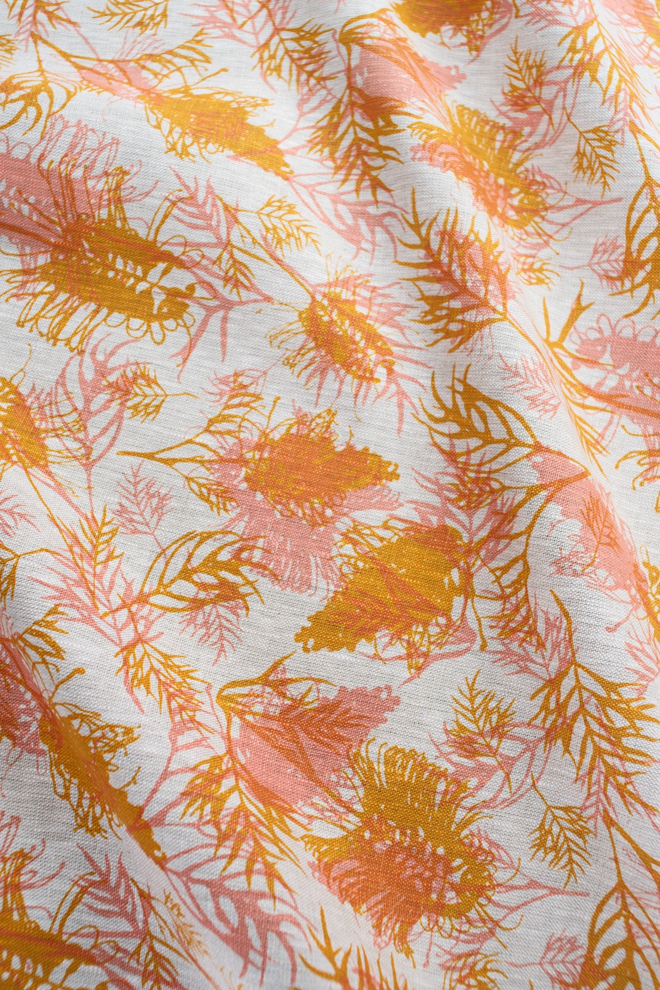 Linen Fabric - Grevilleas in Melon and Tumeric