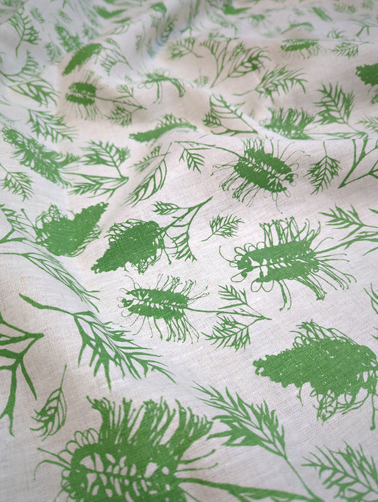 Linen Fabric - Hand Screen printed Grevilleas in Bush Mint