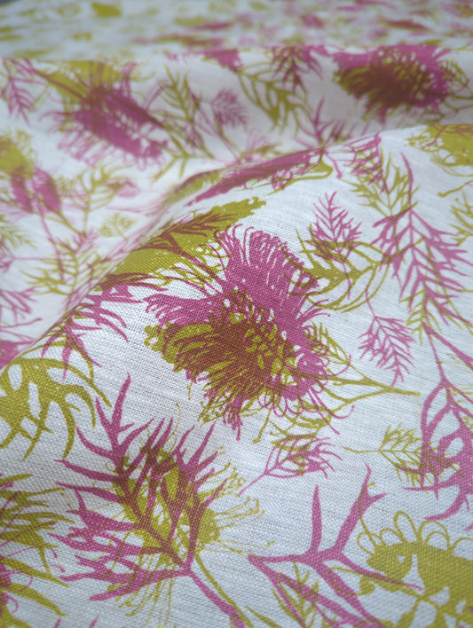 Linen Fabric - Grevilleas in Olive Oil and Grape Fizz