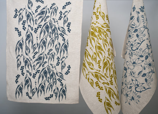 Linen Tea Towel featuring Gum leaves and Wattle Sprigs