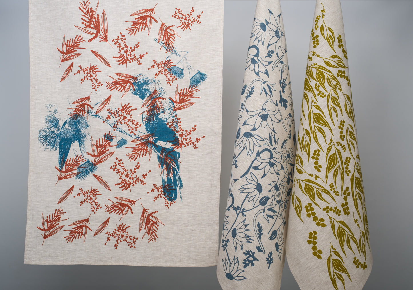 Linen Tea Towel featuring Black Cockatoo and Mixed Wattle