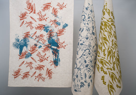 Linen Tea Towel featuring Black Cockatoo and Mixed Wattle