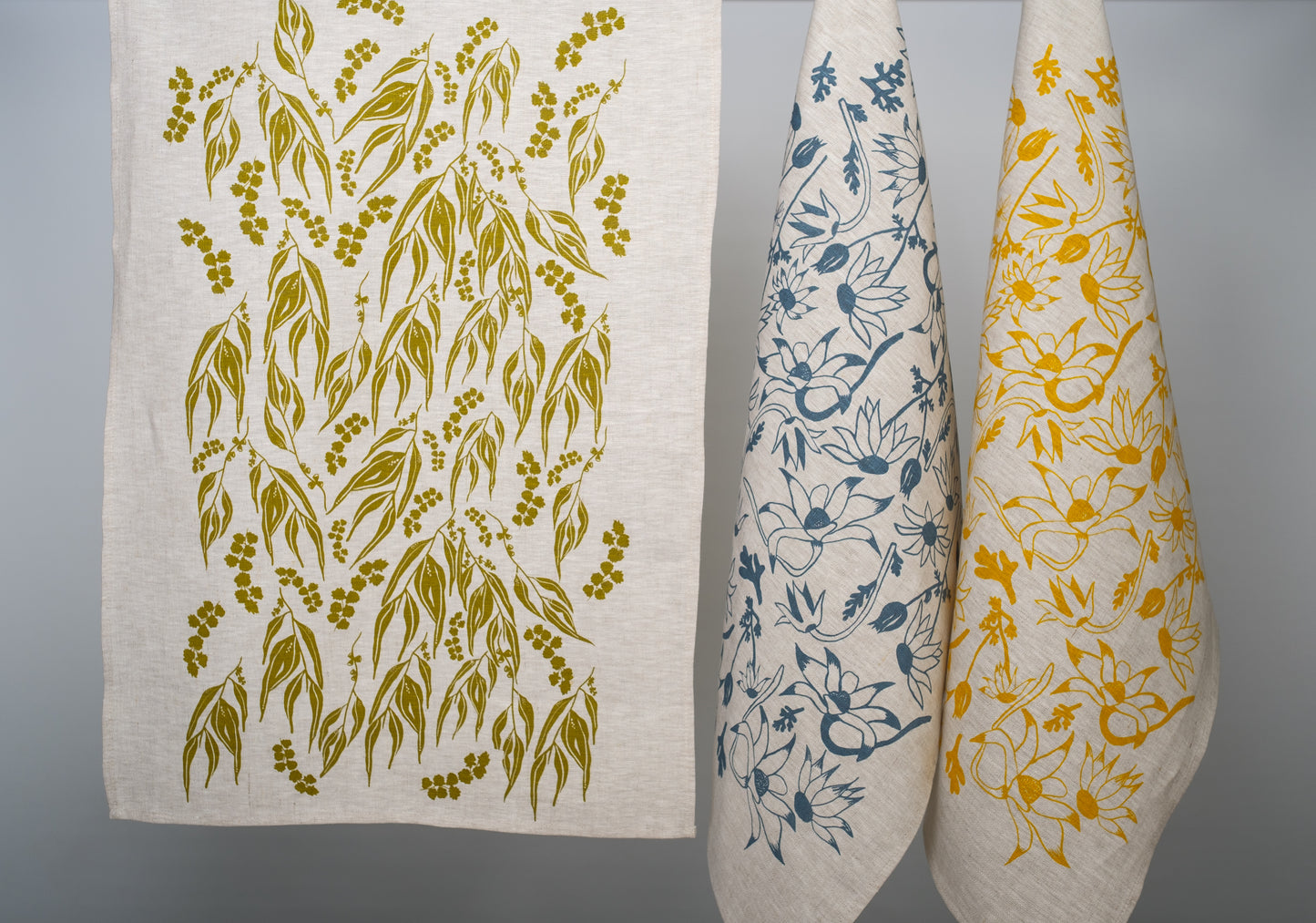 Linen Tea Towel featuring Gum leaves and Wattle Sprigs