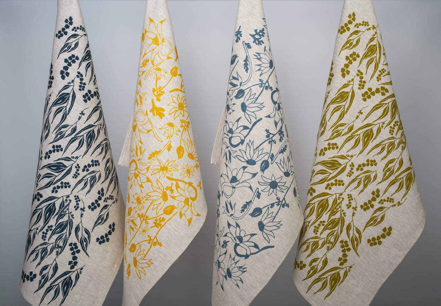 Linen Tea Towel featuring Gum leaves and Wattle Sprigs