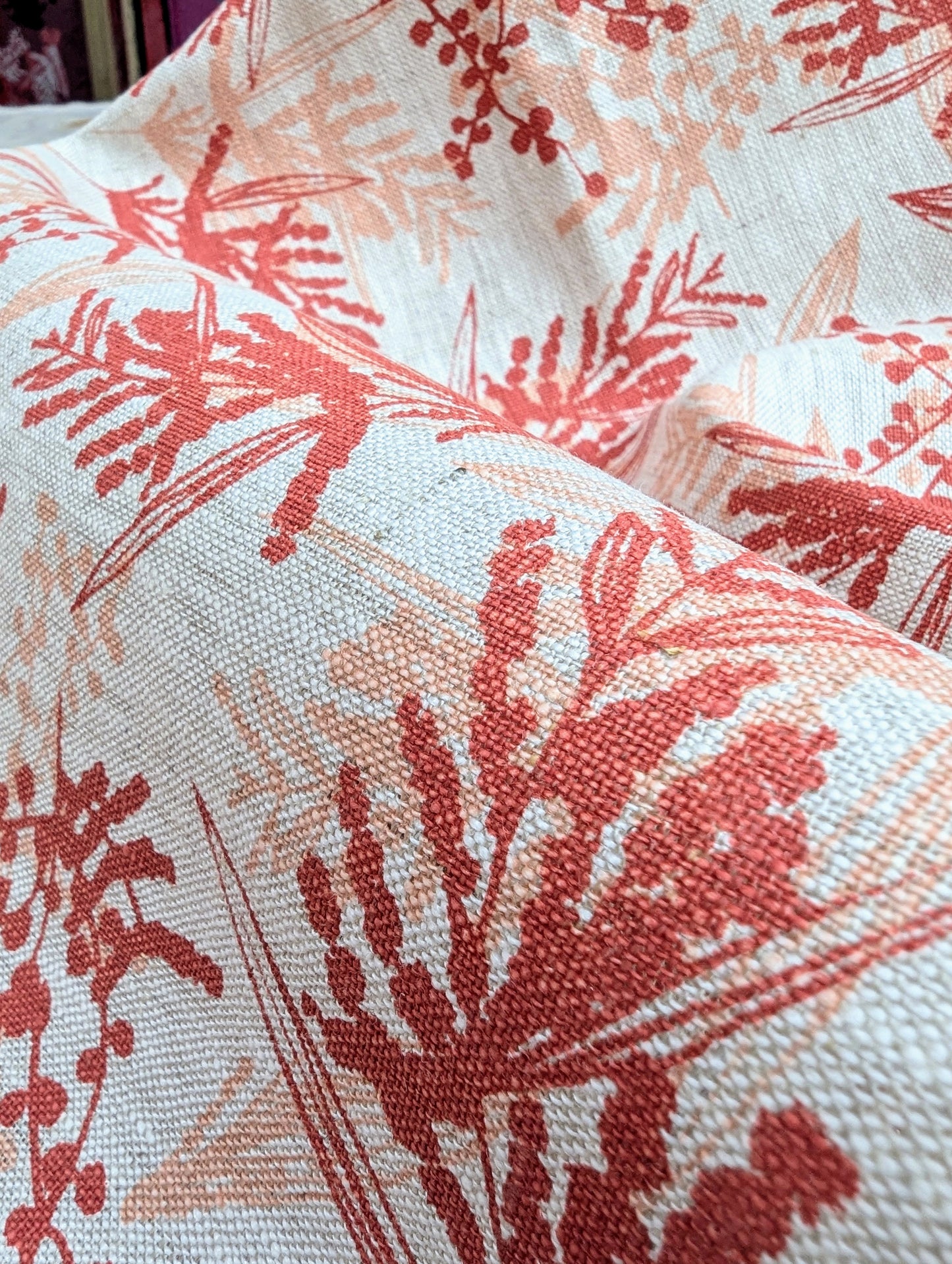 Linen Fabric - Mixed Wattle in Peach and Guava