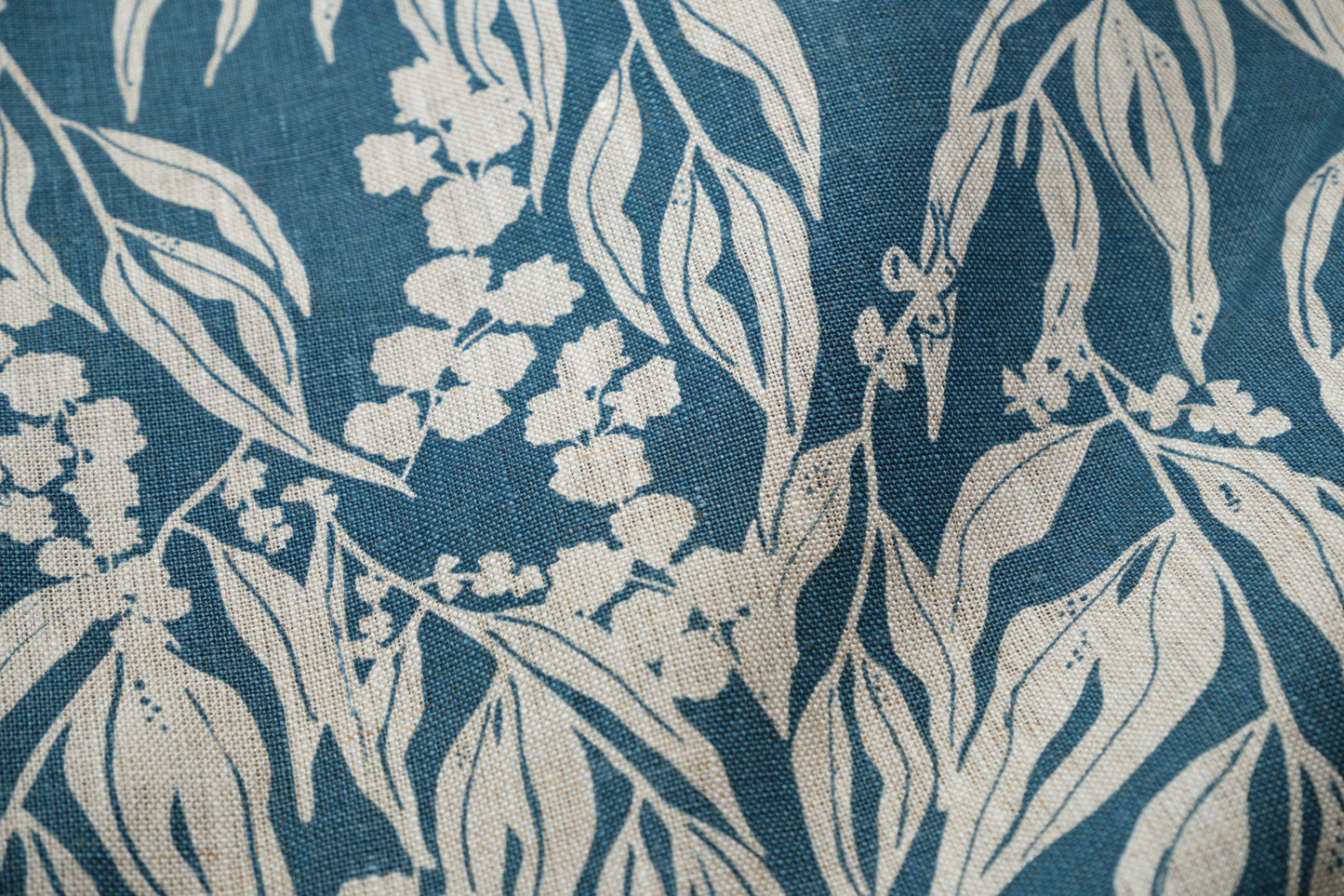 Linen Fabric - Nuts about Wattle in Slate on oatmeal linen