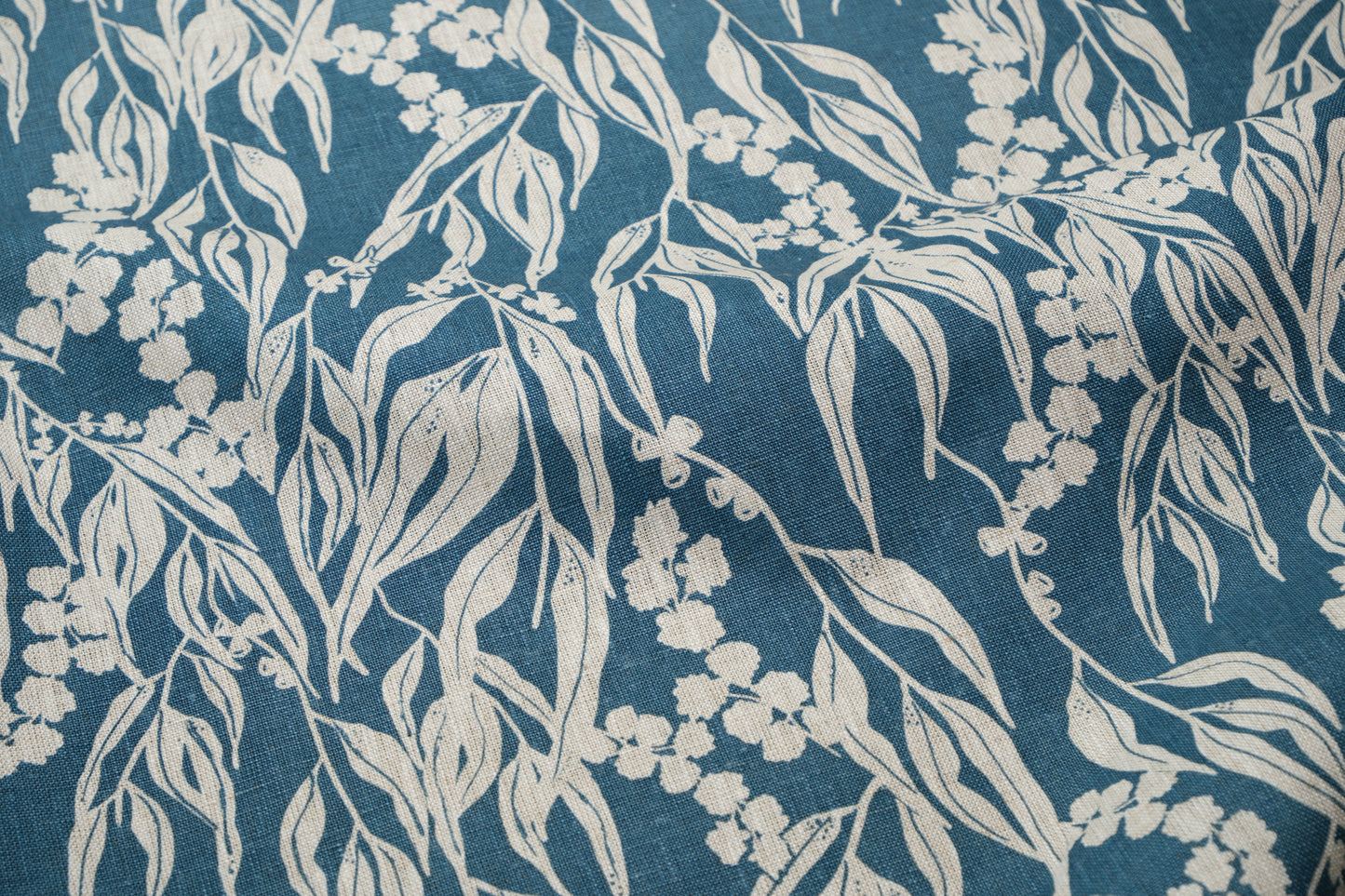 Linen Fabric - Nuts about Wattle in Slate on oatmeal linen