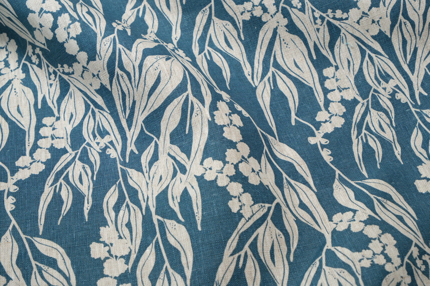 Linen Fabric - Nuts about Wattle in Slate on oatmeal linen