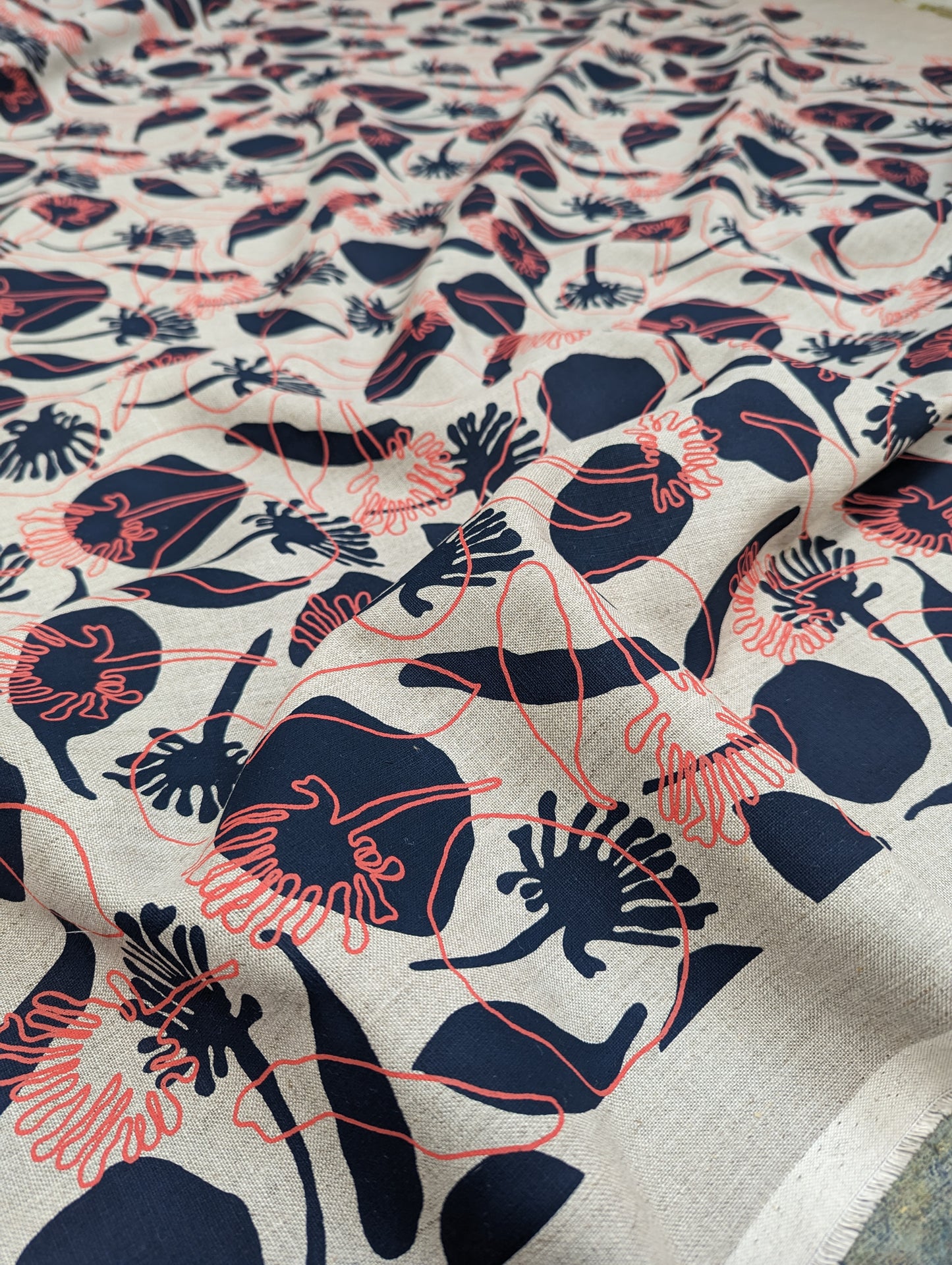Linen Fabric - Seedpods in Midnight and Watermelon Sorbet