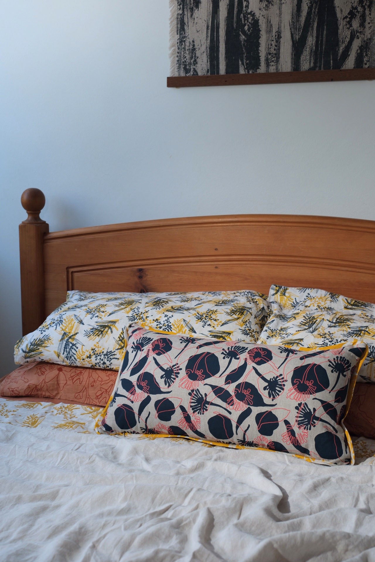 Long Linen Cushion Cover Featuring Seedpods and Wattle Sprigs