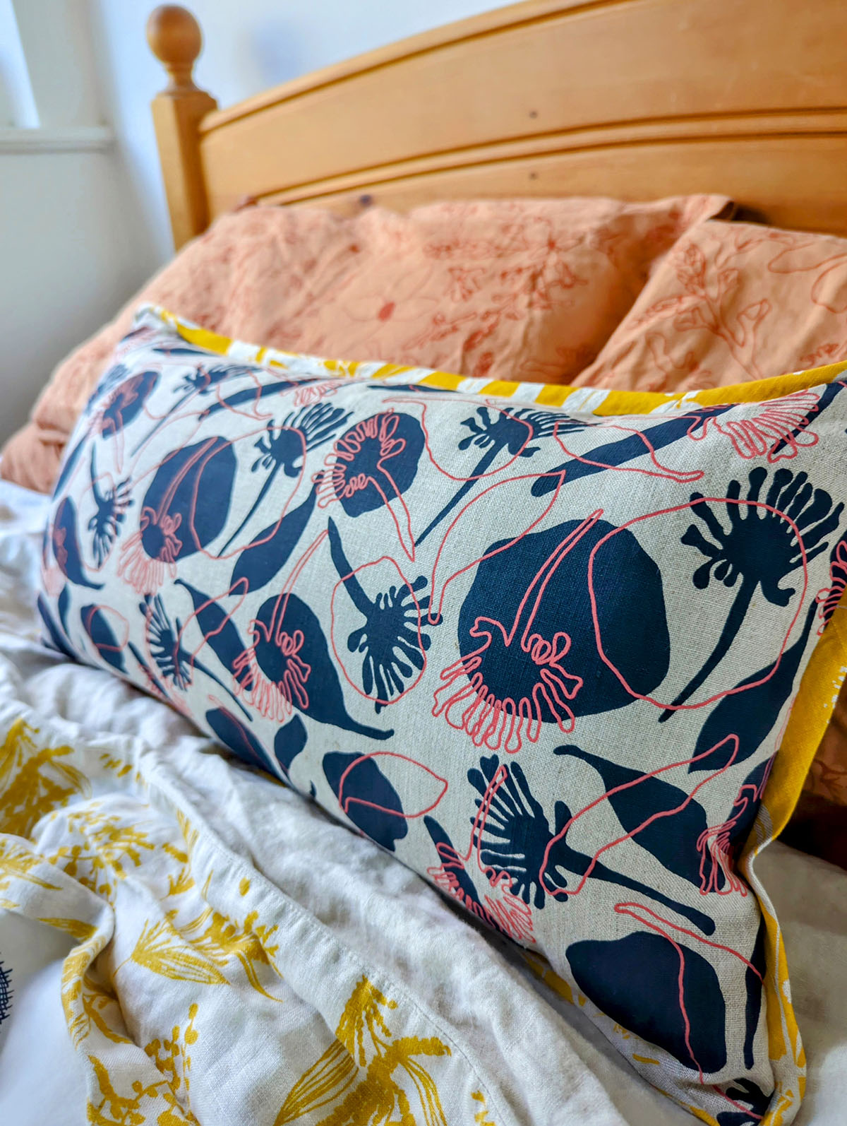 Long Linen Cushion Cover Featuring Seedpods and Wattle Sprigs
