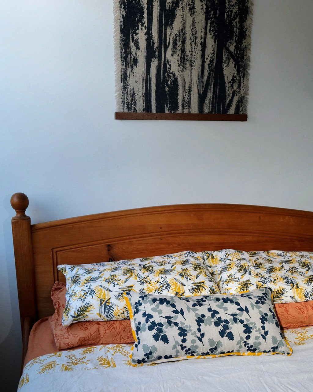 Long Linen Cushion Cover Featuring Seedpods and Wattle Sprigs