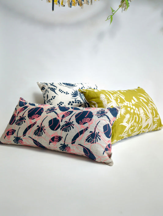Long Linen Cushion Cover Featuring Seedpods and Wattle Sprigs - on Sale!
