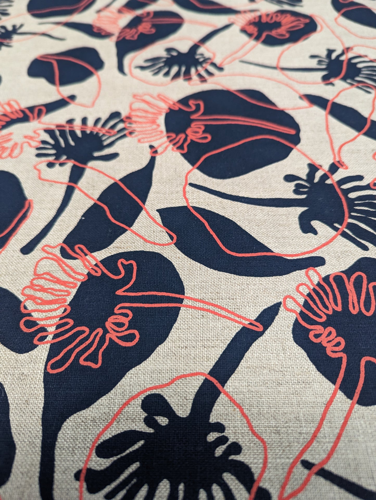 Linen Fabric - Seedpods in Midnight and Watermelon Sorbet