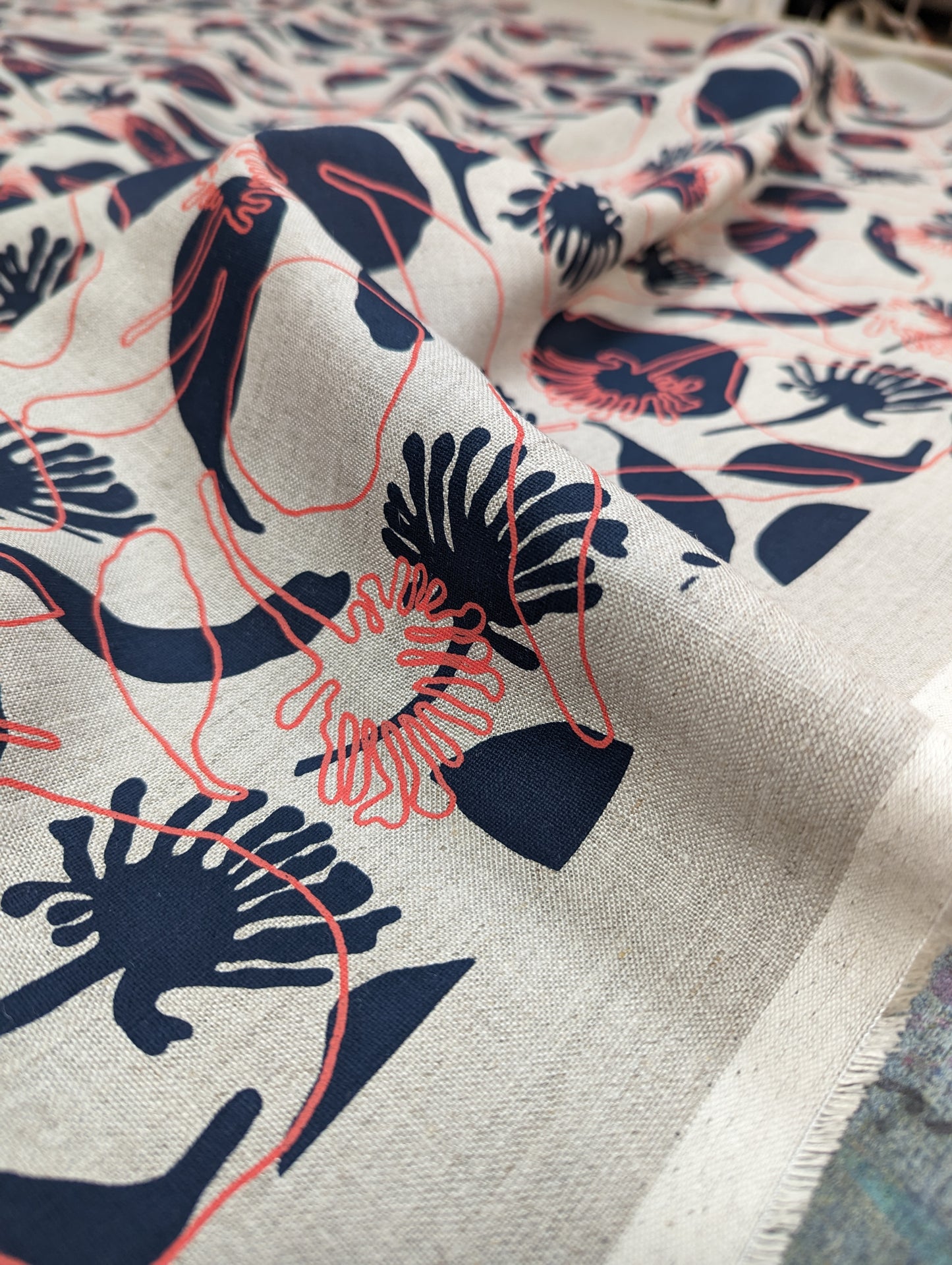 Linen Fabric - Seedpods in Midnight and Watermelon Sorbet