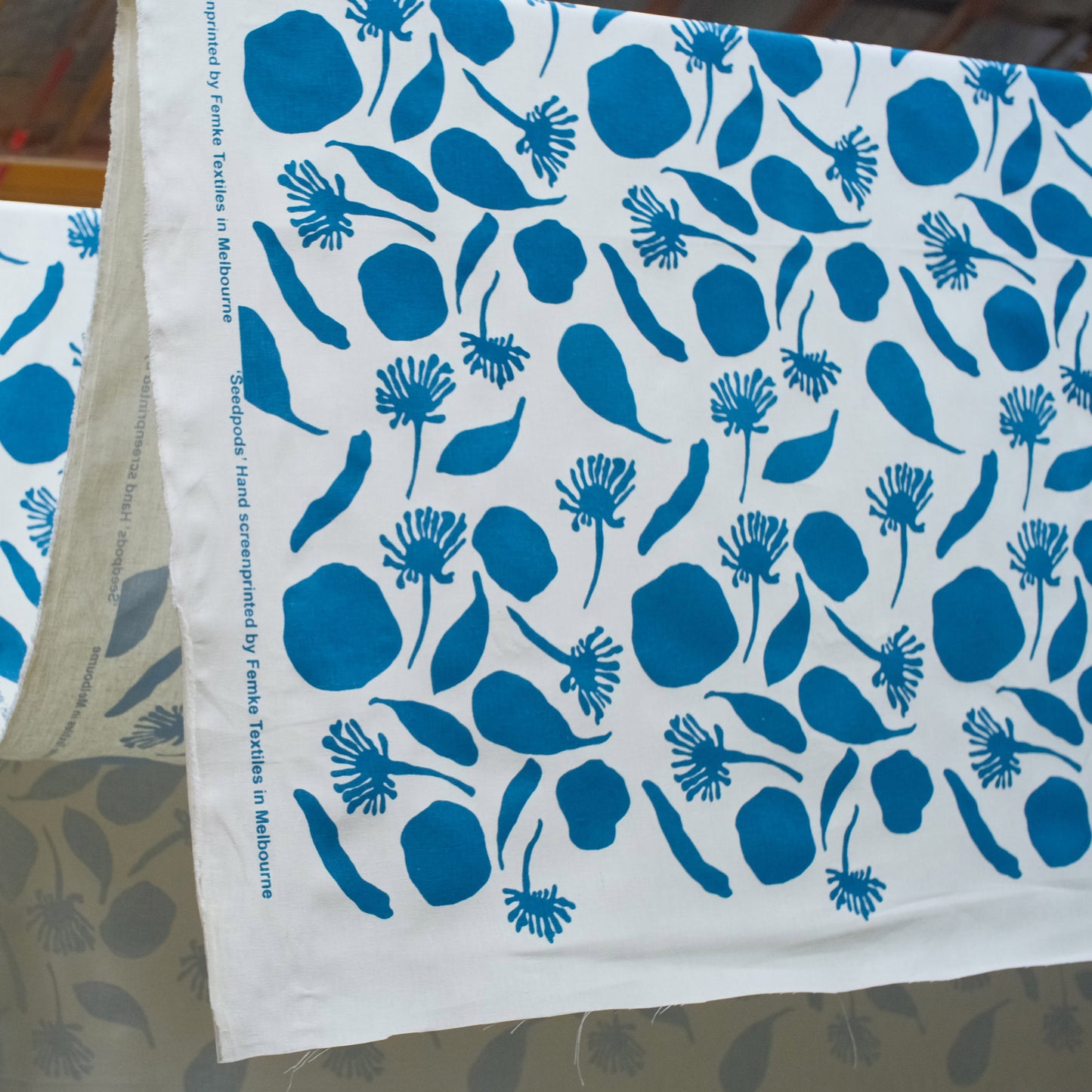 Organic Cotton and Hemp Featuring Seedpods in Sea Blue
