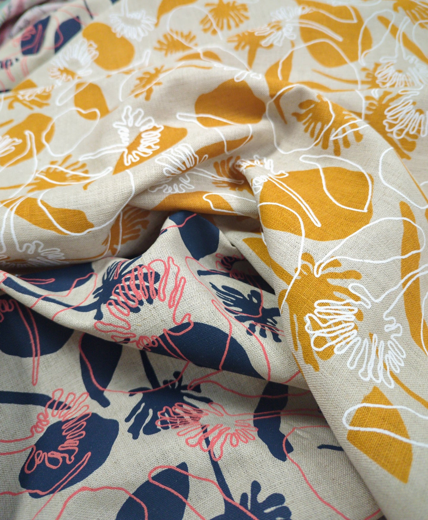 Linen Fabric - Seedpods in Tumeric and Snow