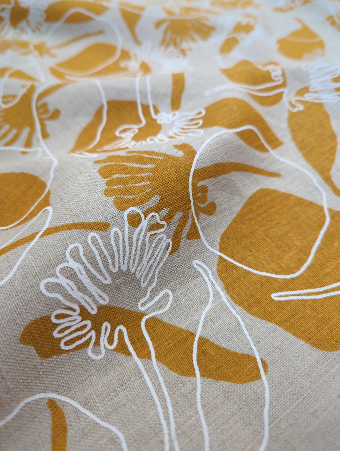 Linen Fabric - Seedpods in Tumeric and Snow