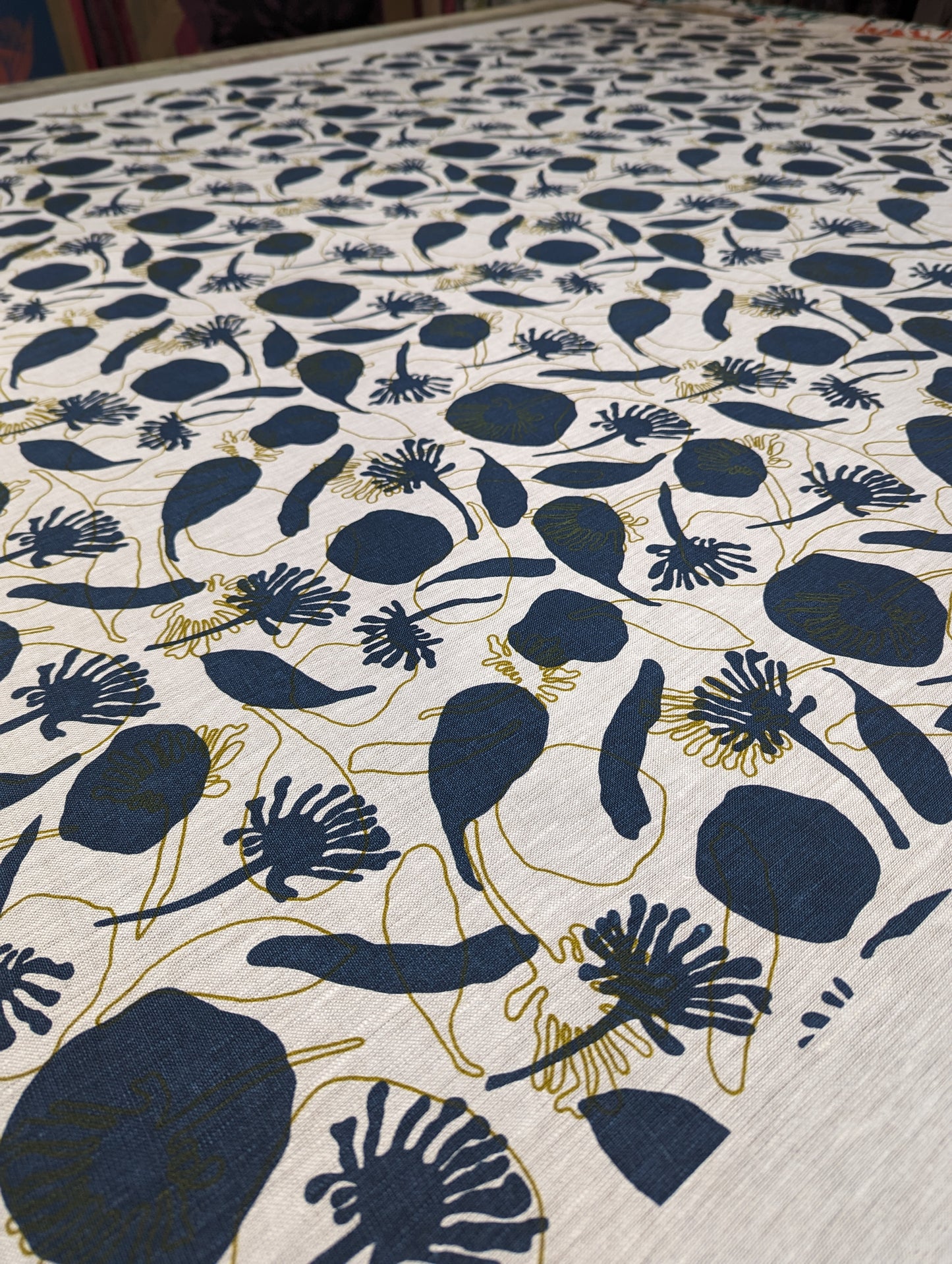 Linen Fabric - Seedpods in Indigo and Olive Oil