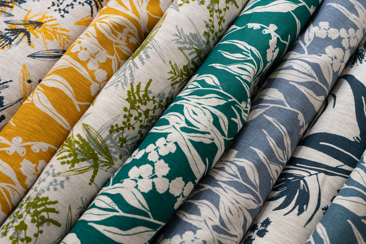 Linen Fabric - Nuts about Wattle in Cornflower on oatmeal linen