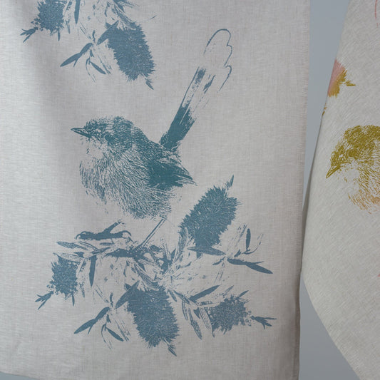 Linen Tea Towel - Hand printed Superb Fairy Wren and Bottlebrush