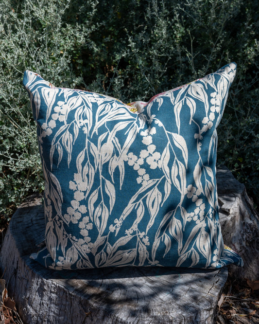 Linen Cushion Cover Featuring Grevilleas and Nuts about Wattle