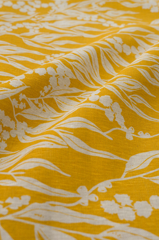 Linen Fabric - Nuts about Wattle in Mustard on oatmeal linen