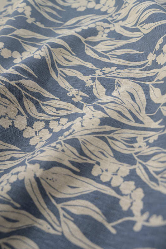 Linen Fabric - Nuts about Wattle in Cornflower on oatmeal linen