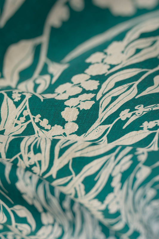 Linen Fabric - Nuts about Wattle in Verdi on oatmeal linen