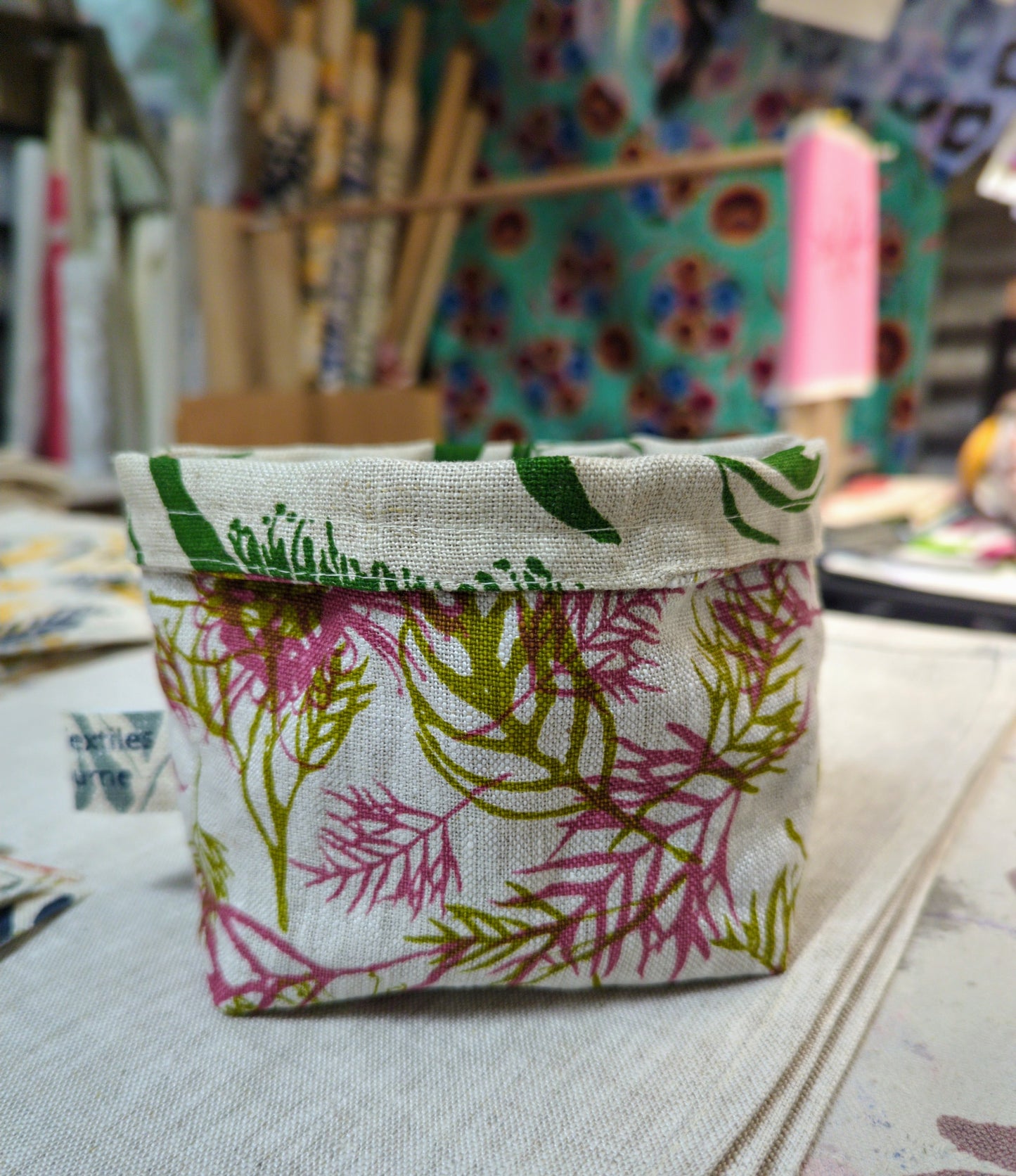 Linen Fabric - Grevilleas in Olive Oil and Grape Fizz