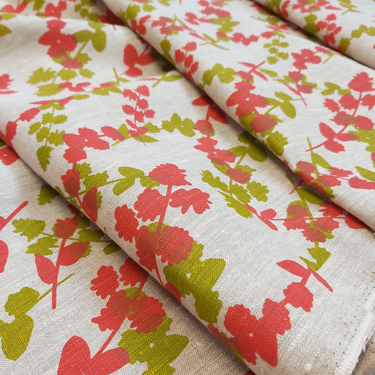 Linen Fabric - Wattle Sprigs in Chartreuse and Guava