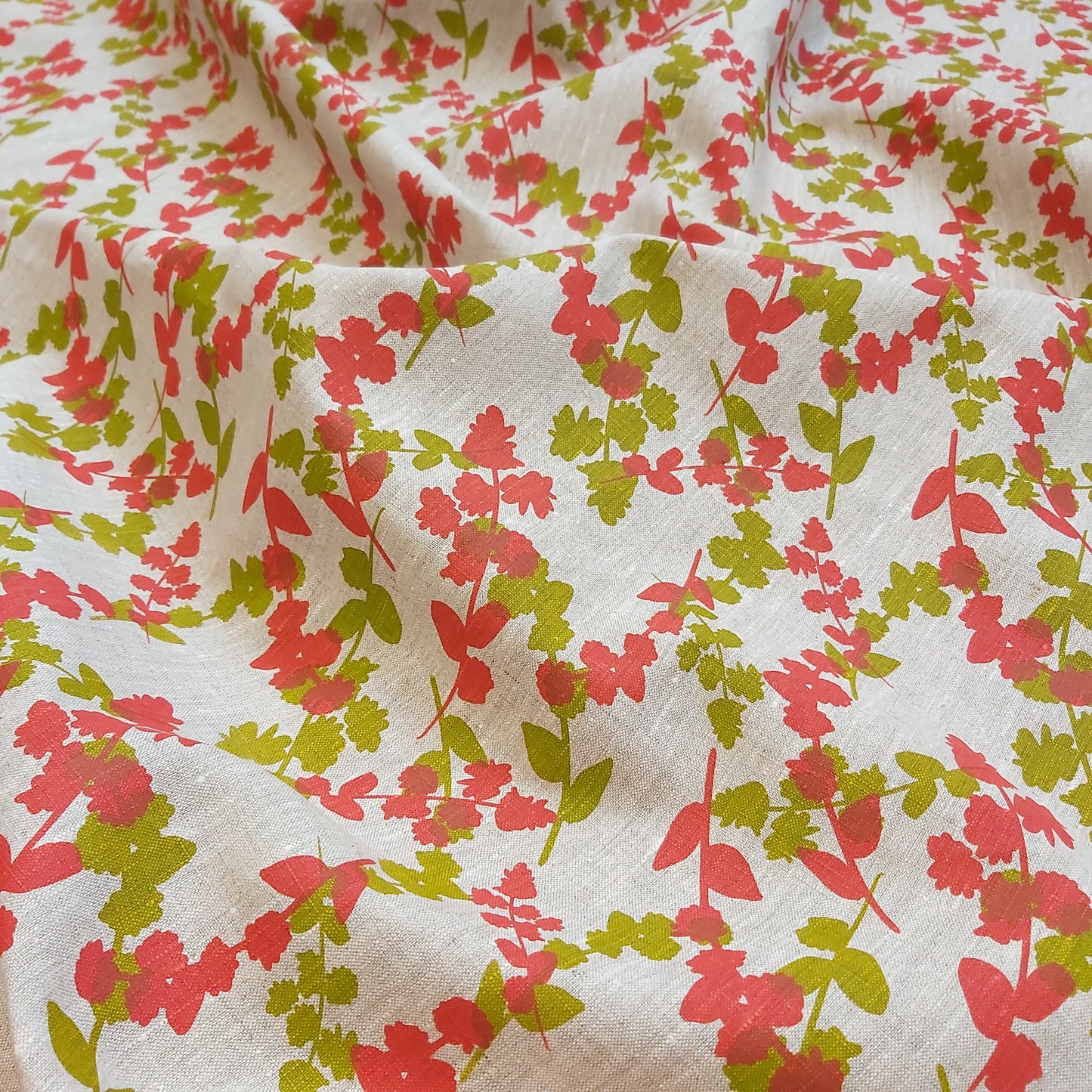Linen Fabric - Wattle Sprigs in Chartreuse and Guava