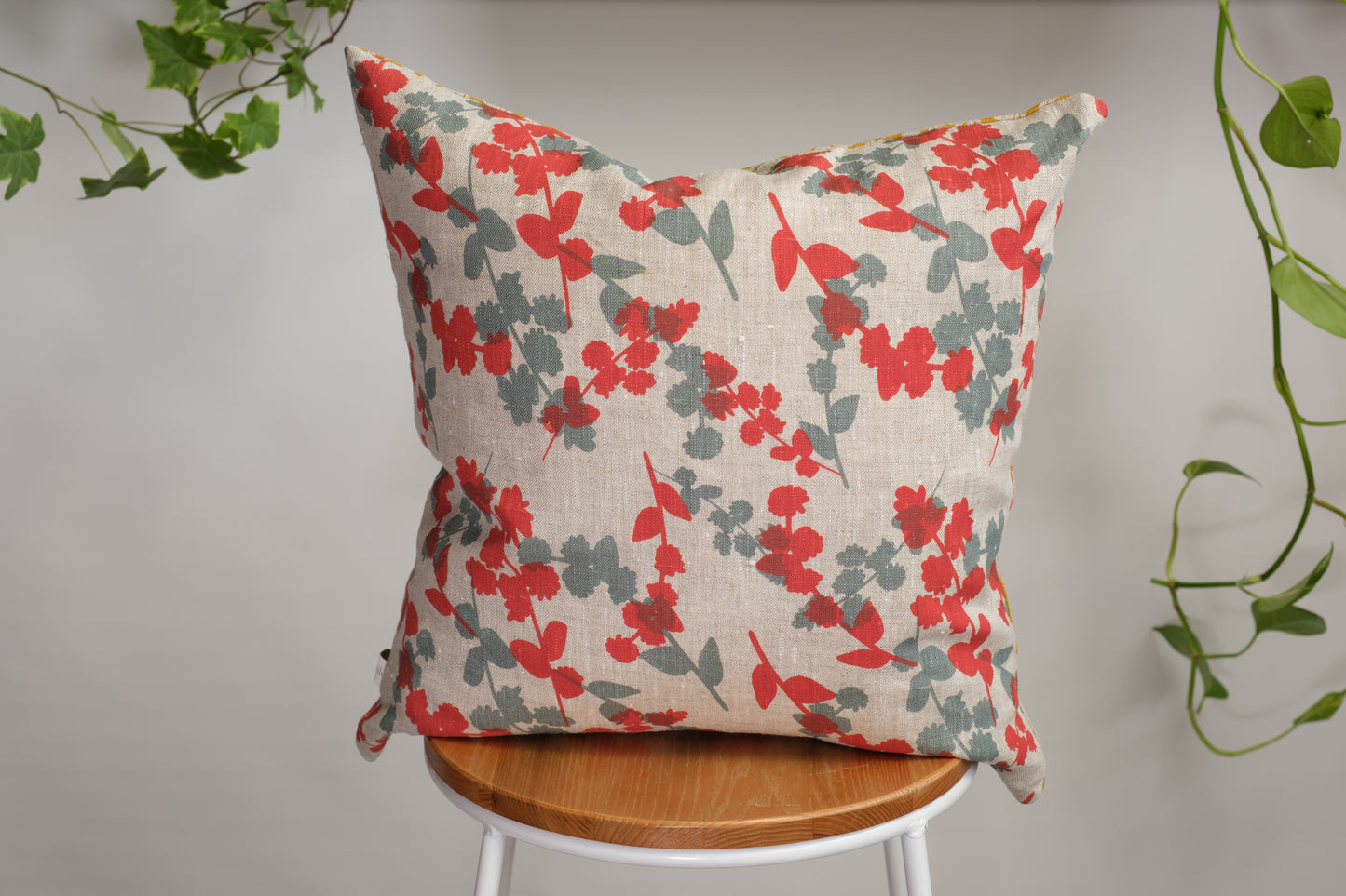 Linen cushion cover featuring hand screen printed wattle sprigs and nuts about wattle. Designed and made by Femke Textiles