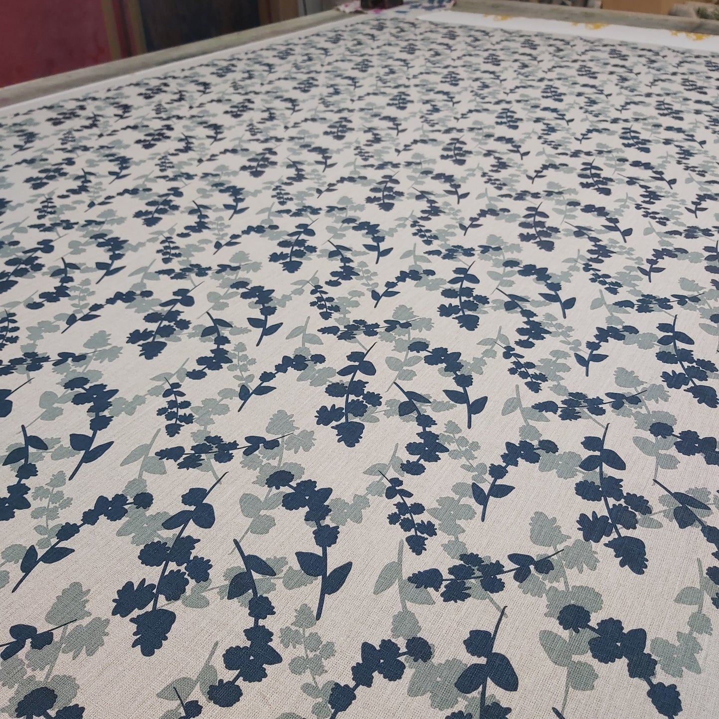 Linen Fabric - Wattle Sprigs in Storm and Indigo