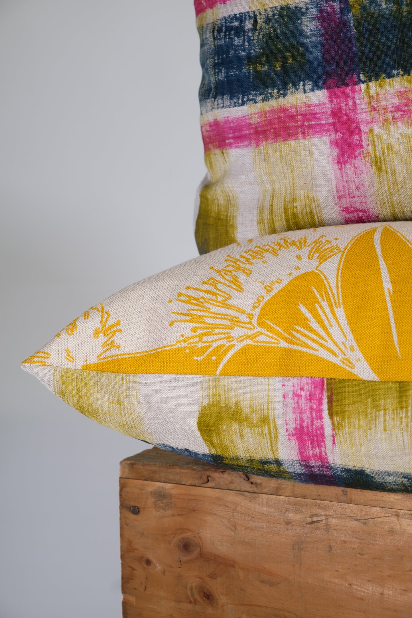 Hand painted linen cushion cover also featuring Gumnuts in Mustard on Linen hopper.