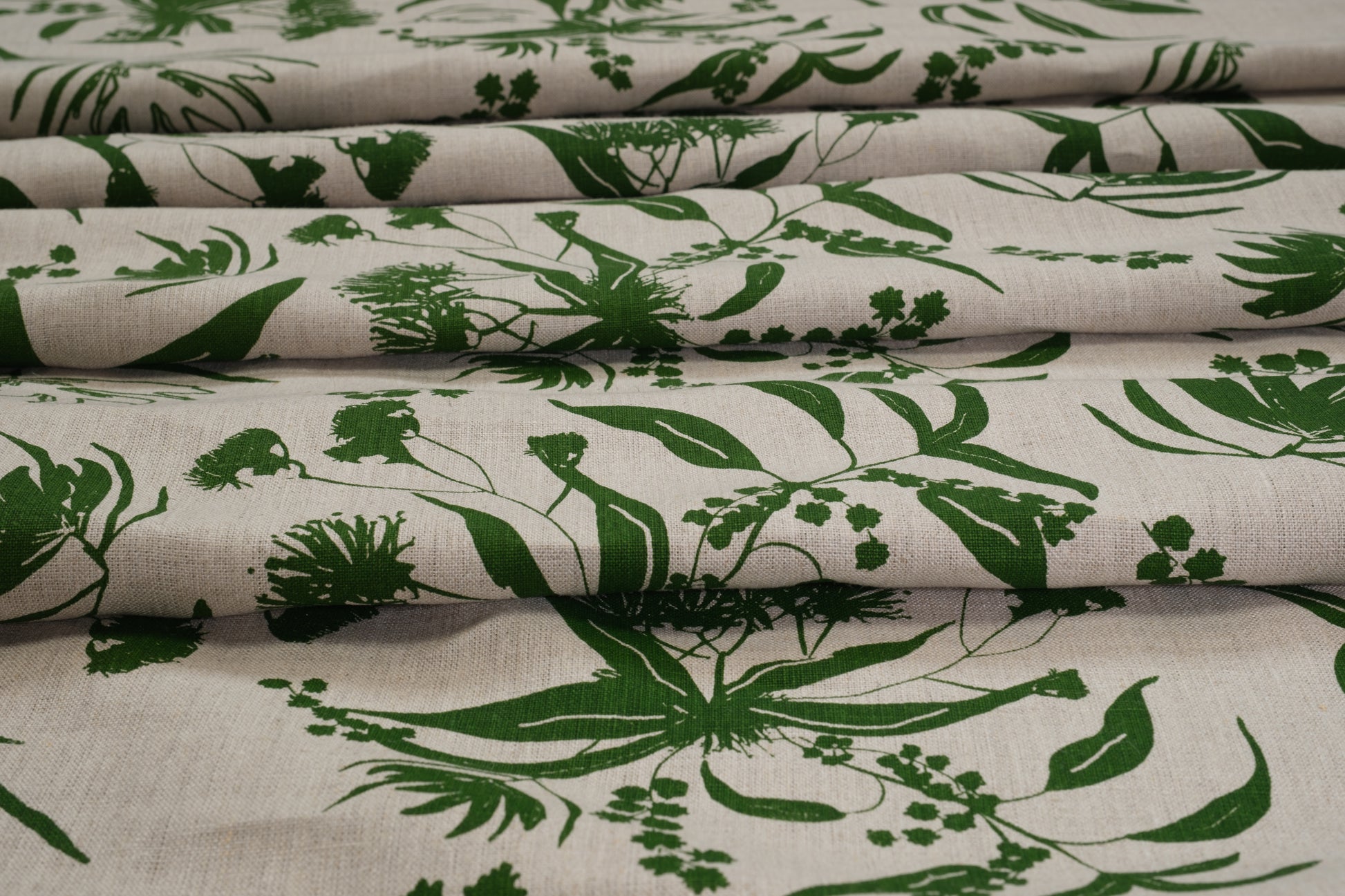 Flax linen hand screenprinted with Local Forage in Envy. Designed and Printed in Melbourne by Femke Textiles