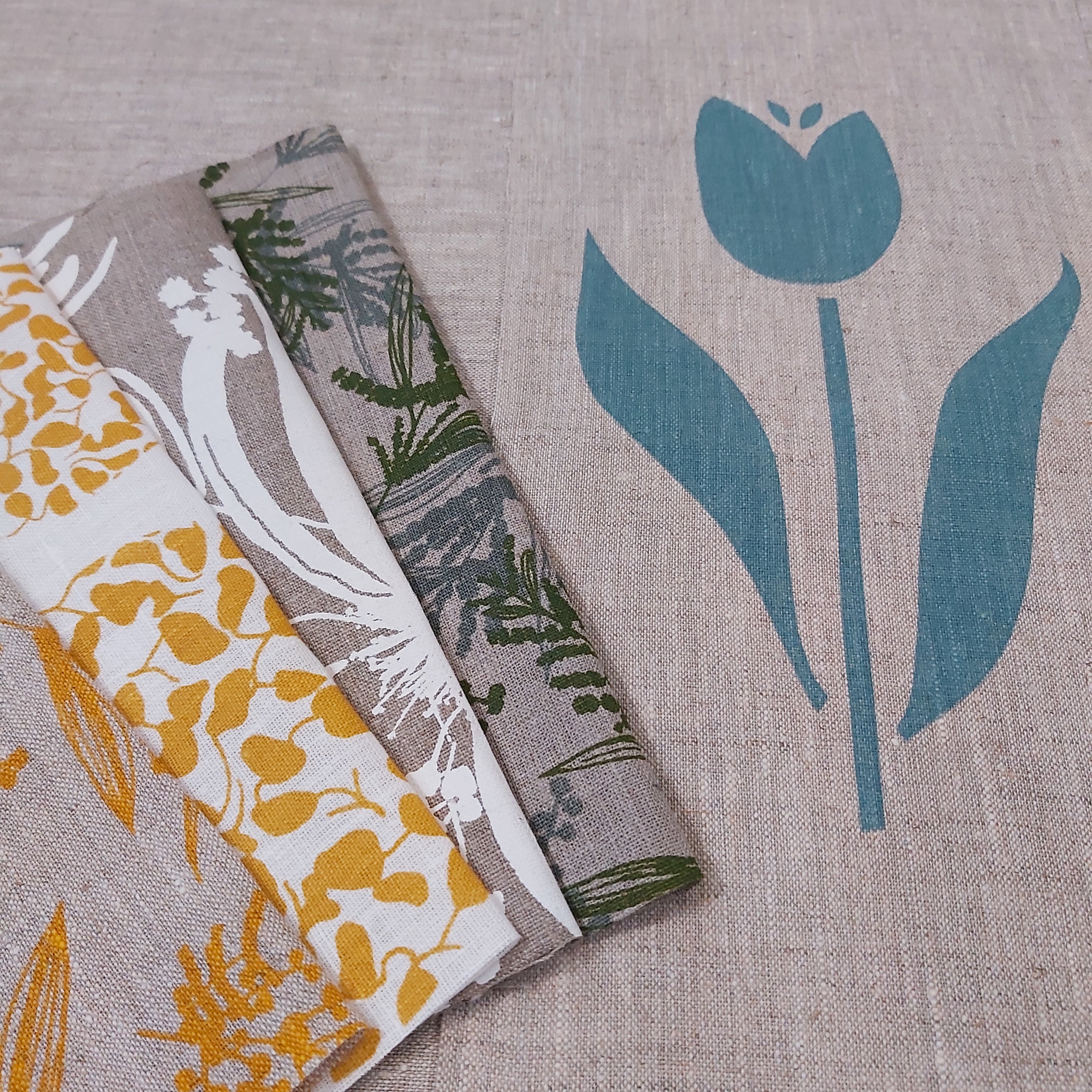 Linen hand screen printed fabric - Seedpods in Mustard – Femke Textiles