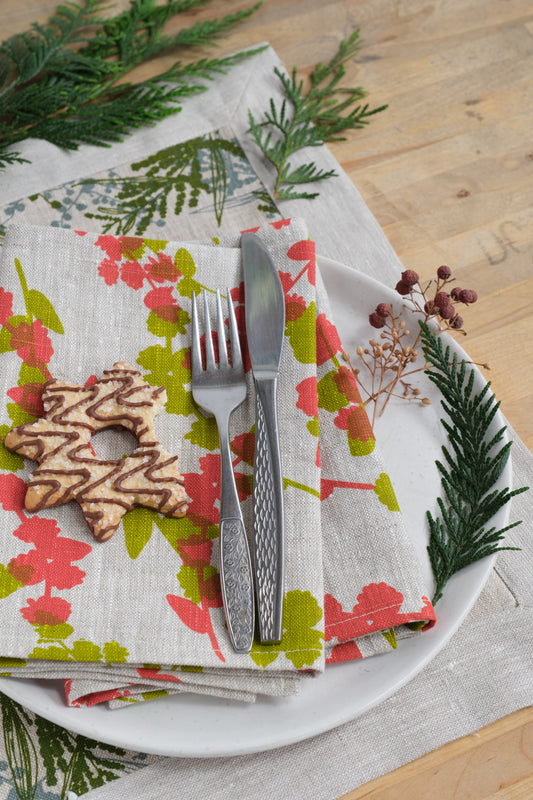 Linen napkins screen printed with Wattle Sprigs in Guava and Chartreuse. Designed and screen printed by Femke Textiles.