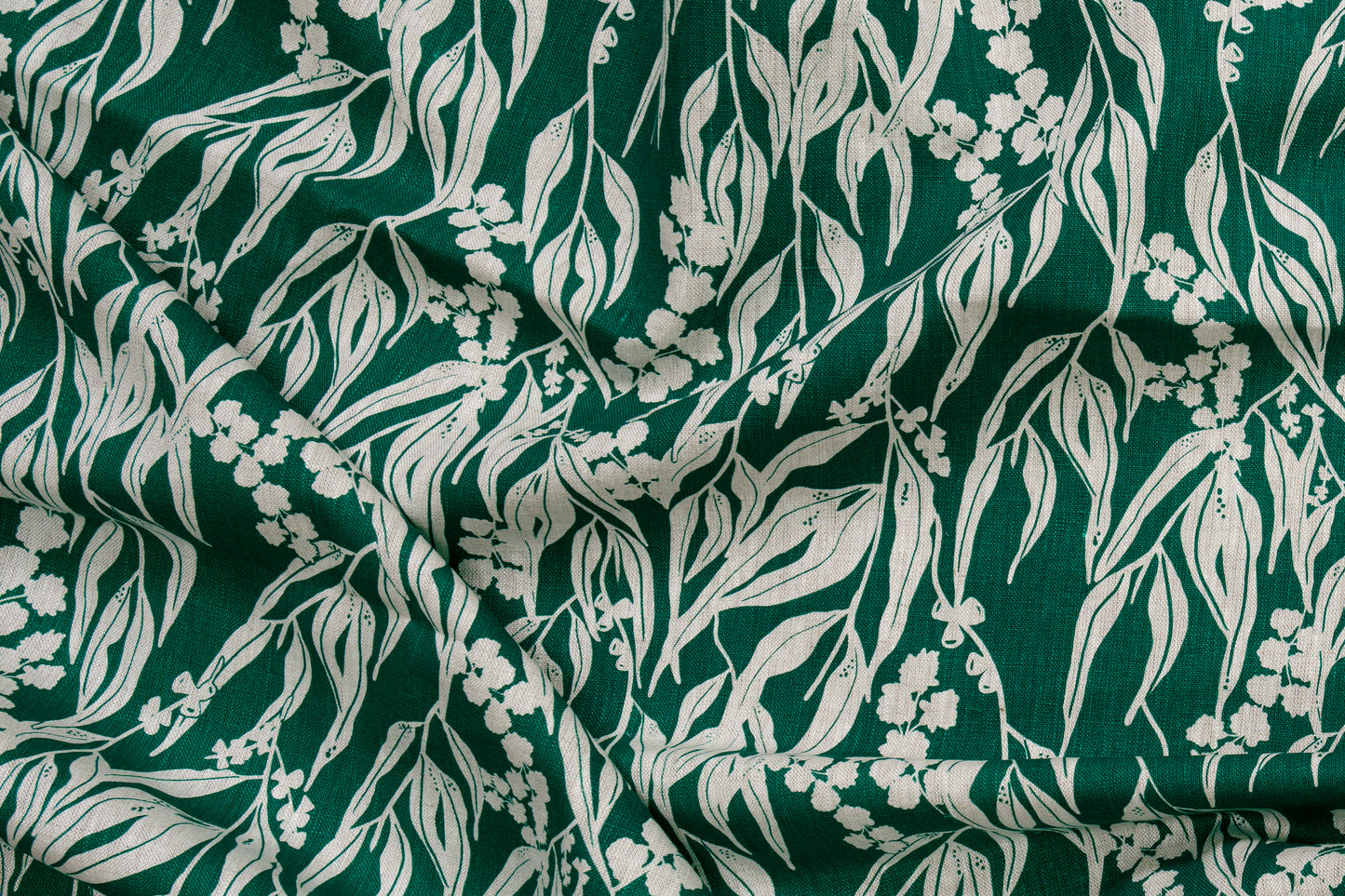 Linen Fabric - Nuts about Wattle in Verde on oatmeal linen