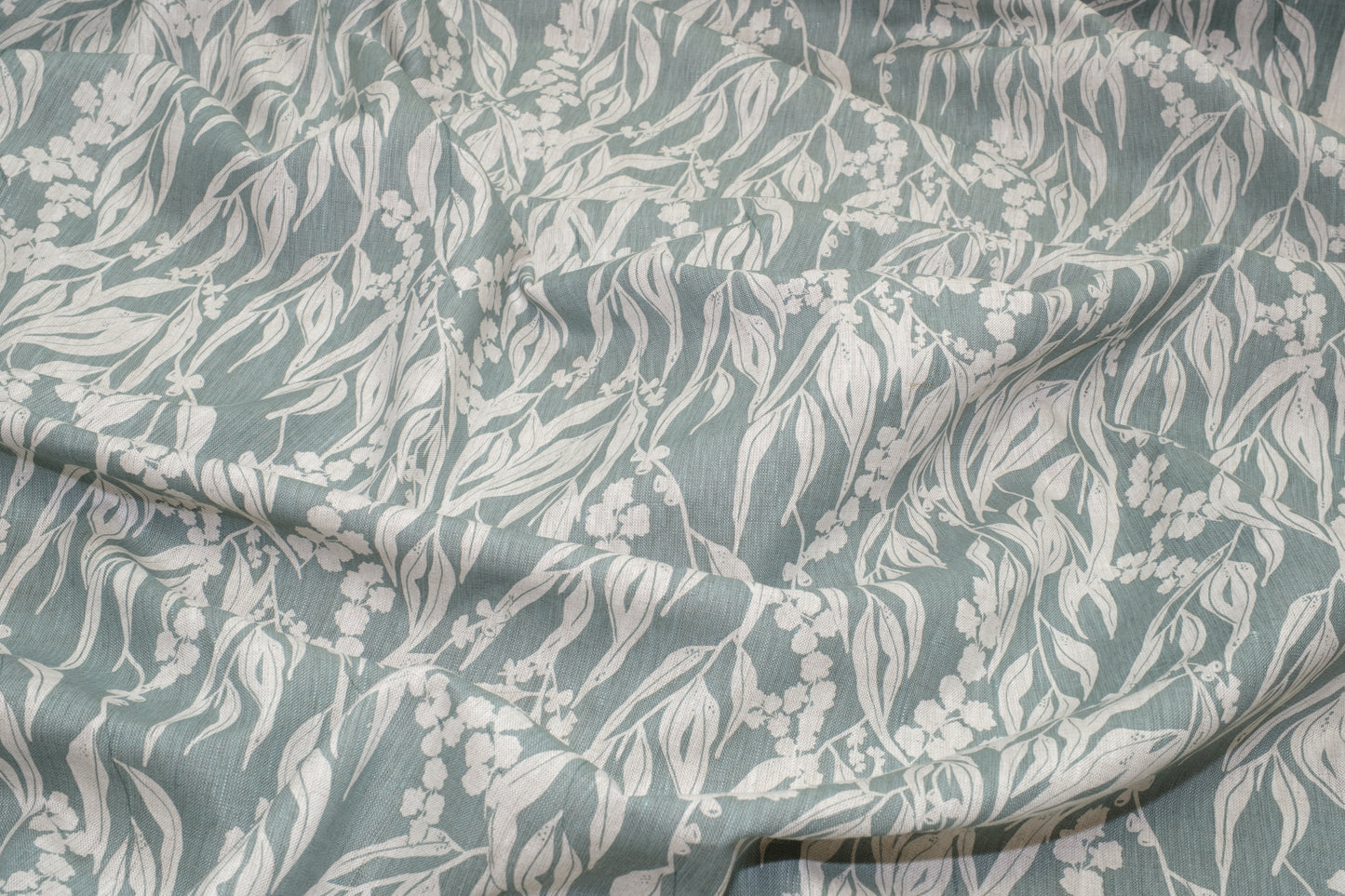 Linen Fabric - Nuts about Wattle in Storm on oatmeal linen