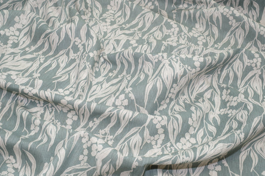 Linen Fabric - Nuts about Wattle in Storm on oatmeal linen