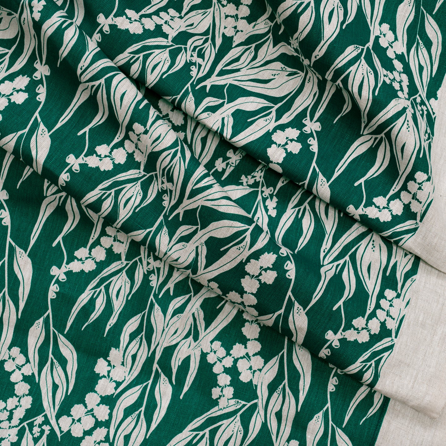 Linen Fabric - Nuts about Wattle in Verde on oatmeal linen